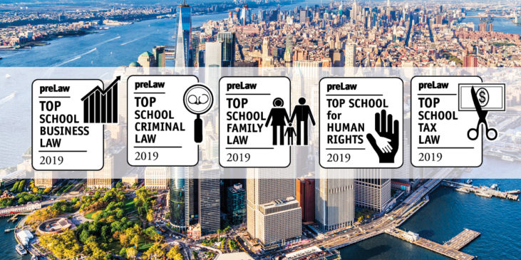 preLaw magazine top school for business law, criminal law, family law, human rights, and tax law