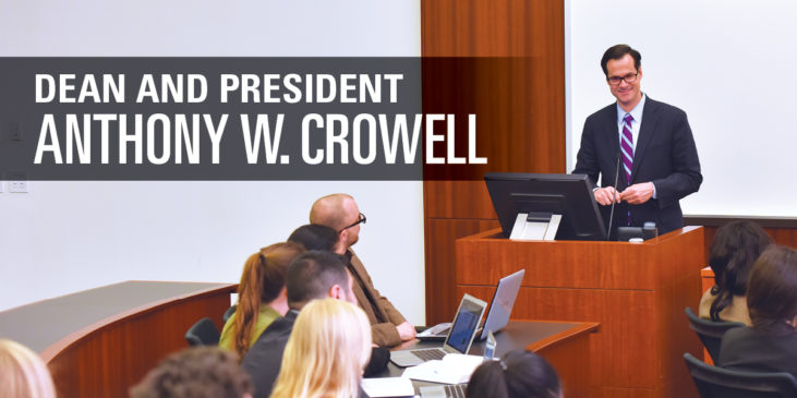 Dean and President Anthony W. Crowell addresses a classroom of law students
