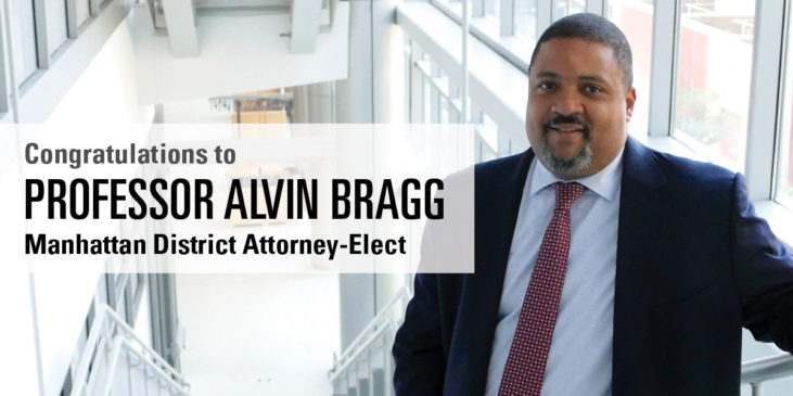 photo of an African American man in a suit standing in a well-lit stairwell with the text "Congratulations to Professor Alvin Bragg Manhattan District Attorney-Elect"