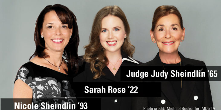 Photographs of three NYLS alumni: Nicole Sheindlin '93, Sarah Rose '22, and Judge Judy Sheindlin '65