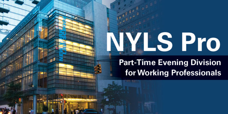 Photograph of NYLS glass-covered building at dusk; NYLS Pro, Part-Time Evening Division for Working Professionals