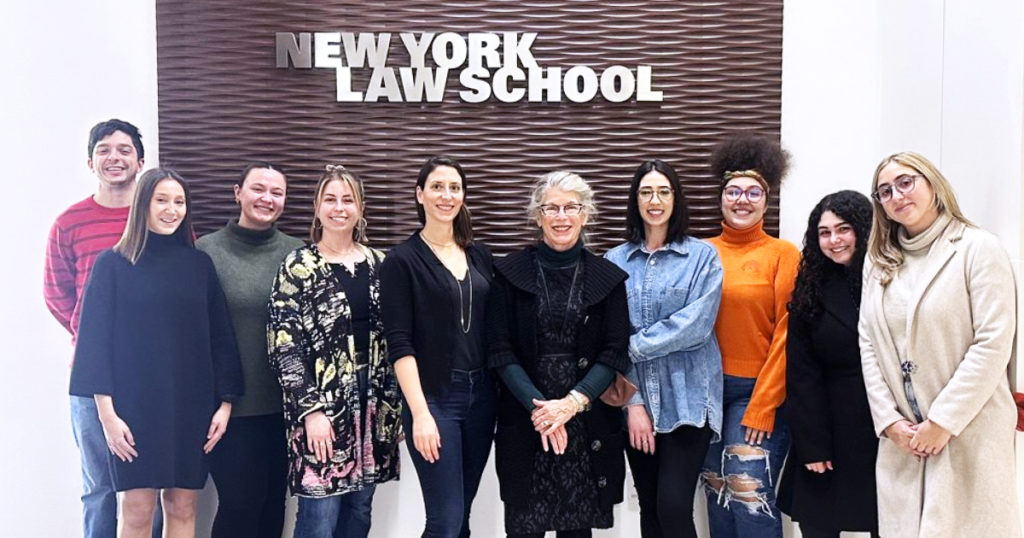 Left to right: Eric Spiniello ’24, Carly Antonioli ’24, Emma Ratti ’24, Samantha Silverstein ’24, Associate Professor Gaynor Cunningham, Distinguished Adjunct Professor Adele Bernhard, Leslie Dupre ’24, Blanca Gates ’24, Anahita Khorsand ’24, Samantha Bugner ’24