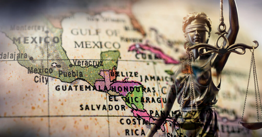 Image of blindfolded Lady Justice in front of a map of Central America