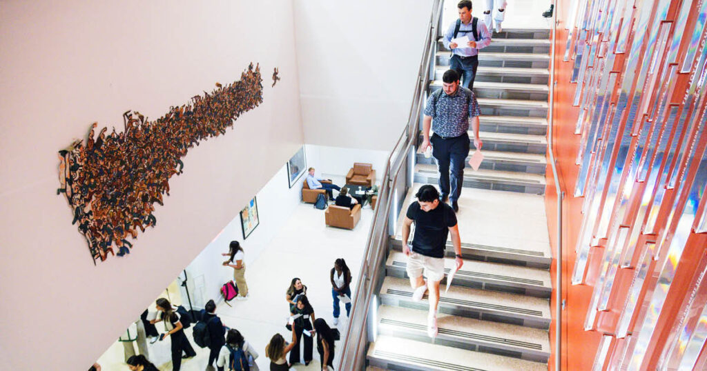 New York Law School students walking toward auditorium