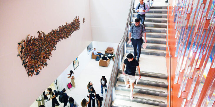 New York Law School students walking toward auditorium