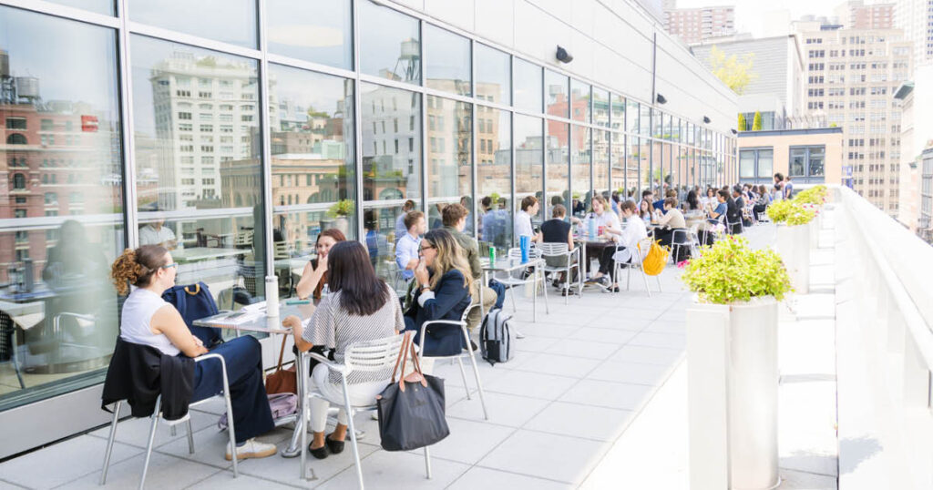 New York Law School students eating lunch on terrace