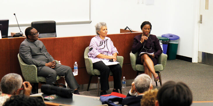 Dunstan Mlambo, Penelope Andrews, and Dianne Renwick speaking at event