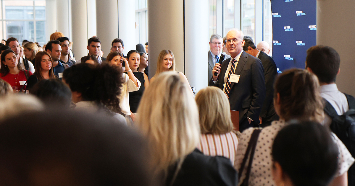 New York Law School Chair John Estes speaking at 2025 orientation