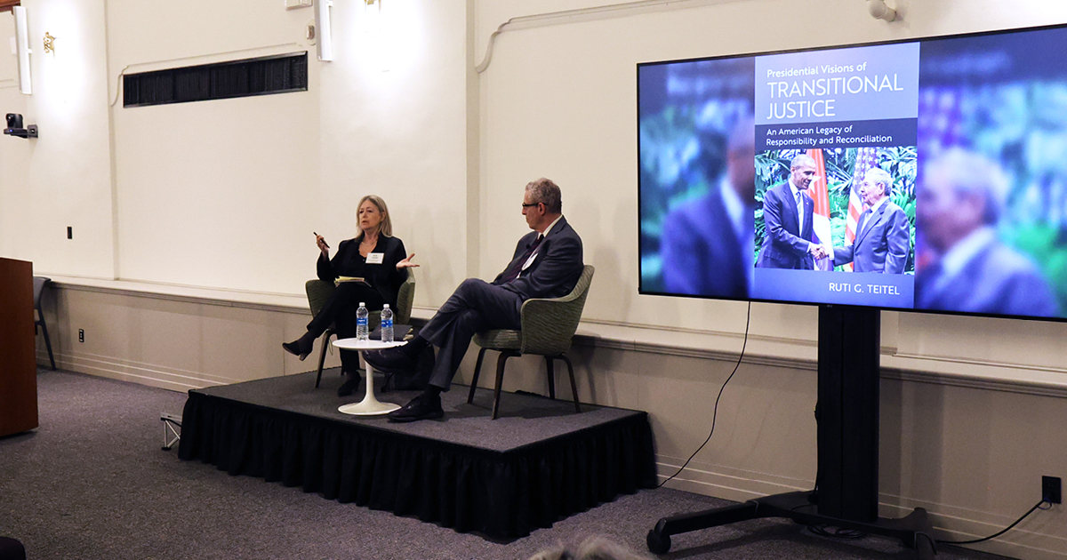 Ruti Teitel speaking at her book launch event