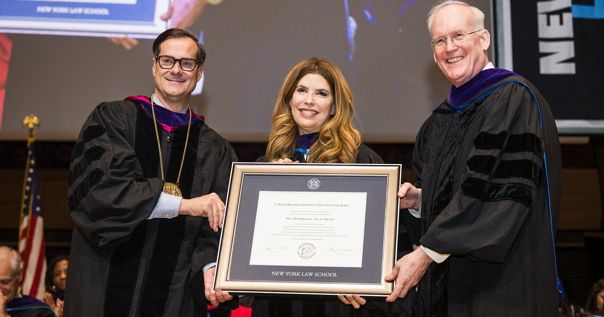 Anthony Crowell, Julie Menin, John Estes and the 2026 New York Law School Commencement