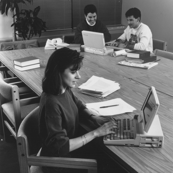 Old New York Law School photo of student on computer