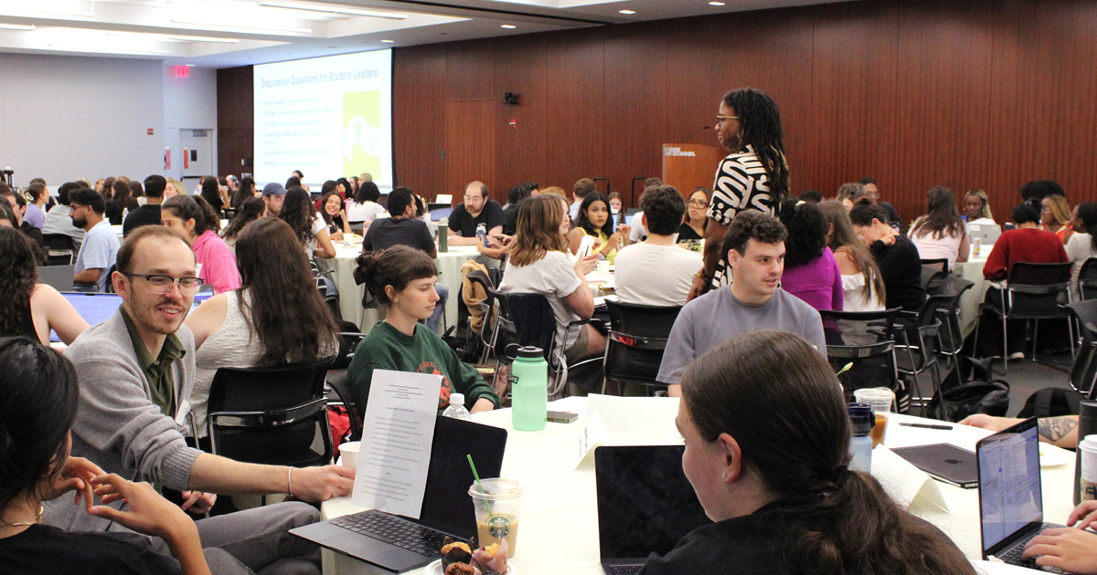 Paulina Davis speaking at NYLS orientation
