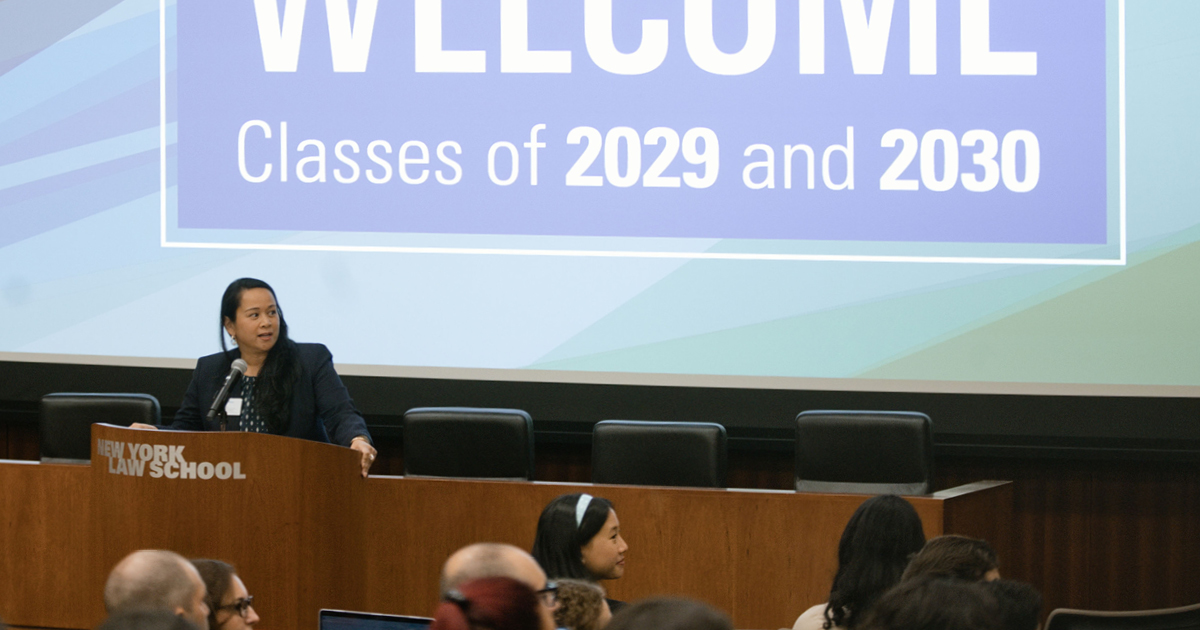 Ella Mae Estrada speaking at NYLS orientation